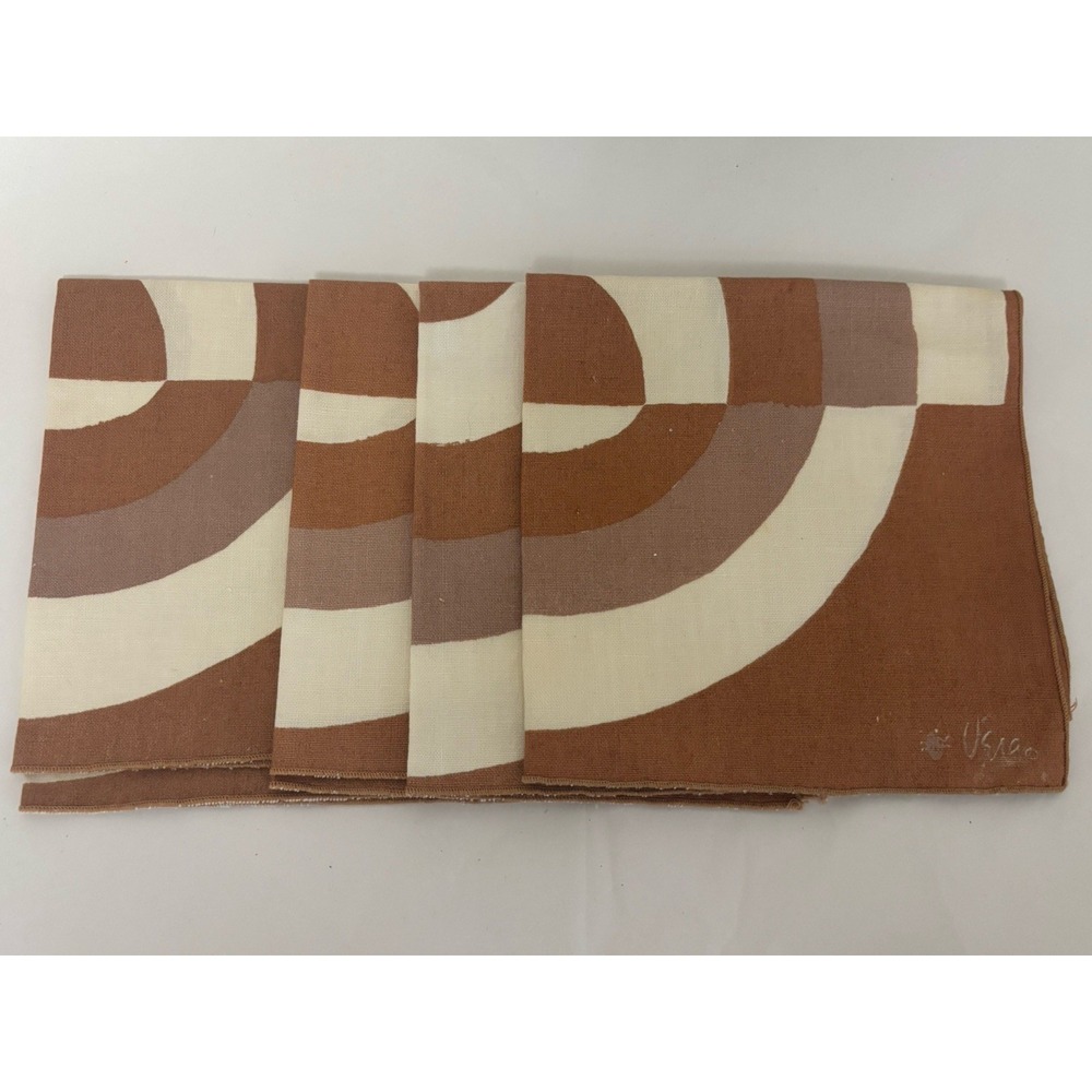 Vera Neumann Cream Brown Cotton Cloth Napkins 70s Retro Geometric Set of 4